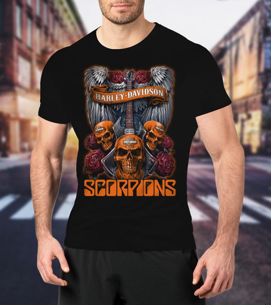 Scorpions Harley Davidson Skull Wings Roses T-Shirt