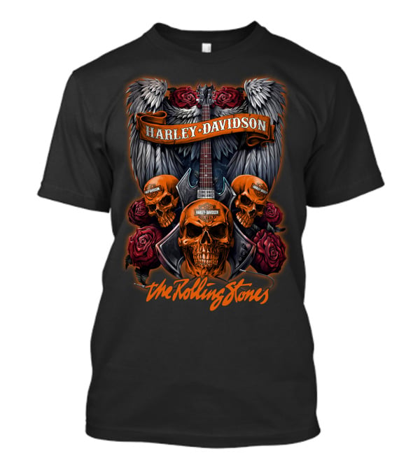 Harley Davidson The Rolling Stones Skull And Guitar Wings Roses 47Hd T-Shirt