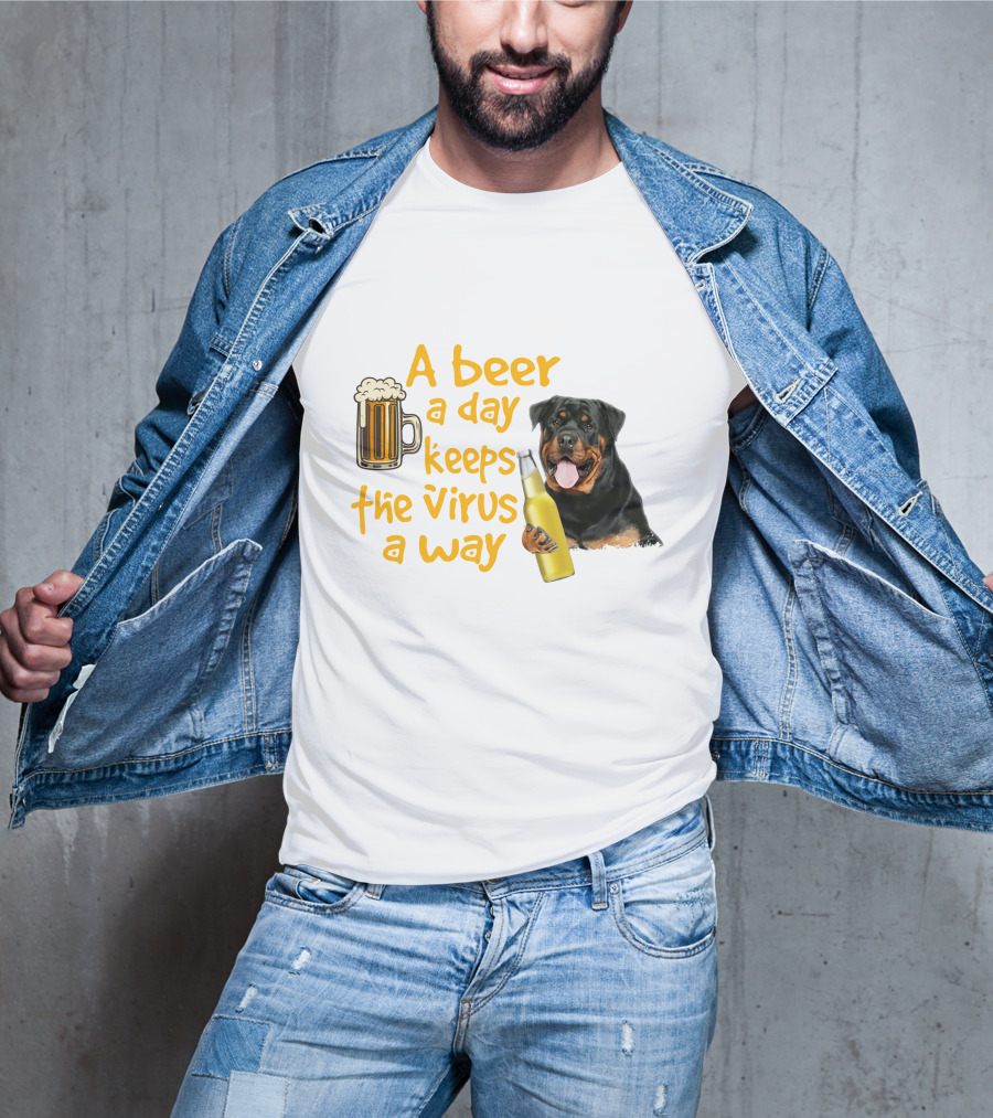 A Beer A Day Keeps The Virus Away With Rottweiler Holding Beer Bottle T-Shirt
