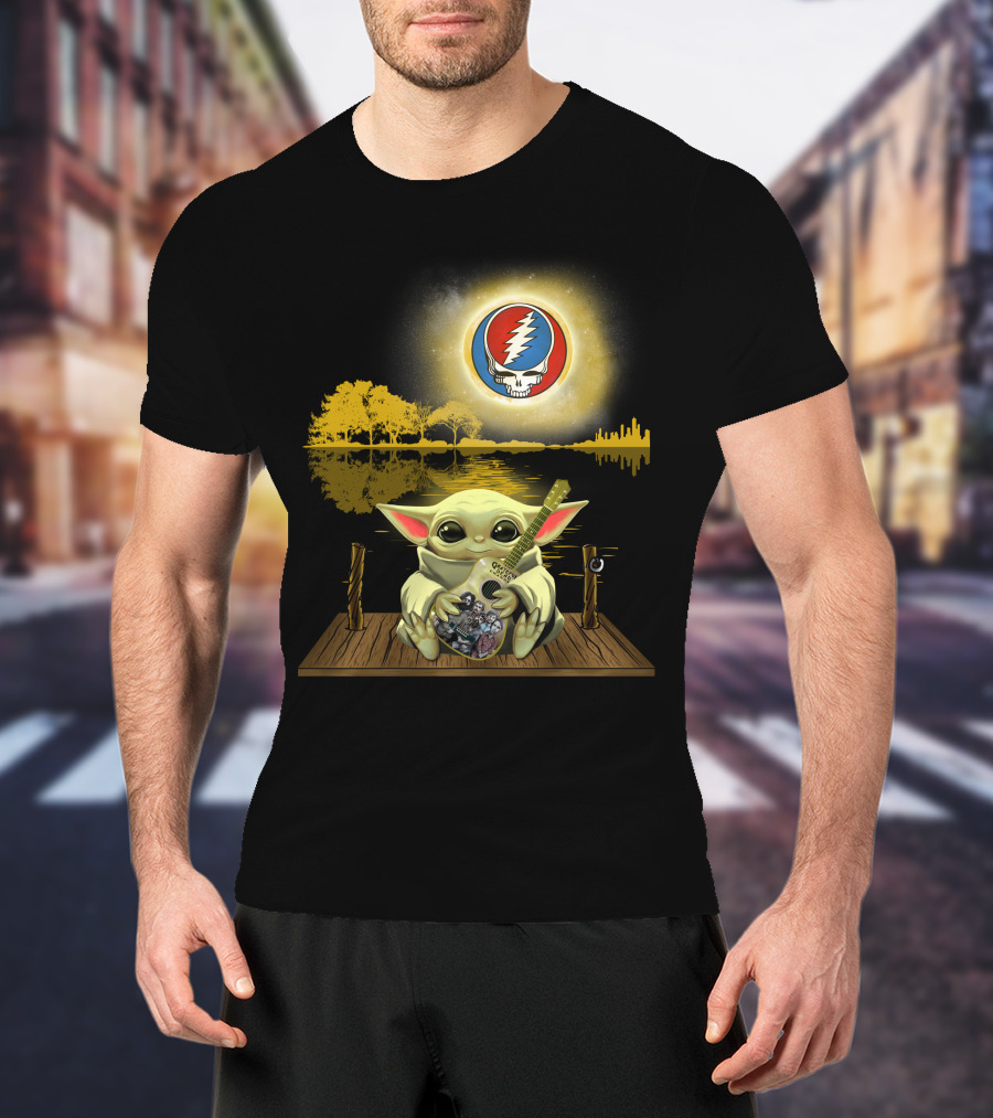 Grateful Dead Lightning Skull With Baby Yoda Playing Guitar On Dock And Sunset T-Shirt
