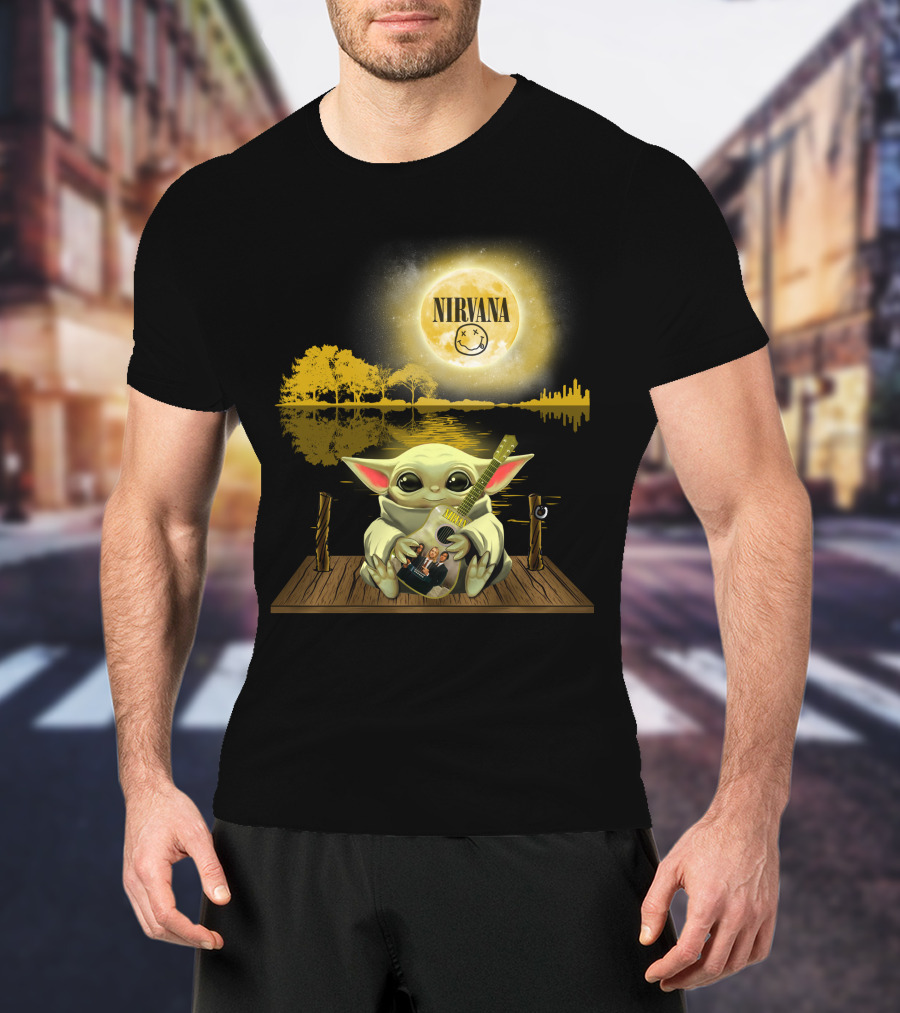 Nirvana Baby Yoda Playing Guitar Under Smiley Face Moon T-Shirt
