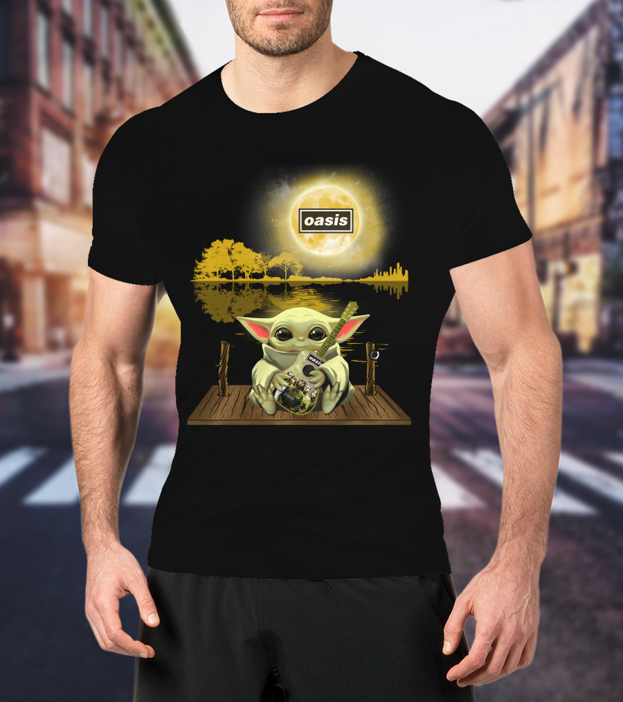 Oasis Moon And Baby Yoda With Guitar On Dock T-Shirt