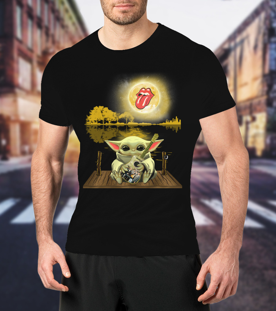 The Rolling Stones Tongue Logo And Baby Yoda With Guitar Under Moonlit Sky Trees And Lake Reflection T-Shirt