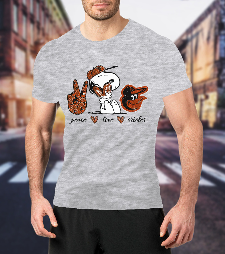 Peace Love Orioles Snoopy Style Baltimore Orioles T-Shirt