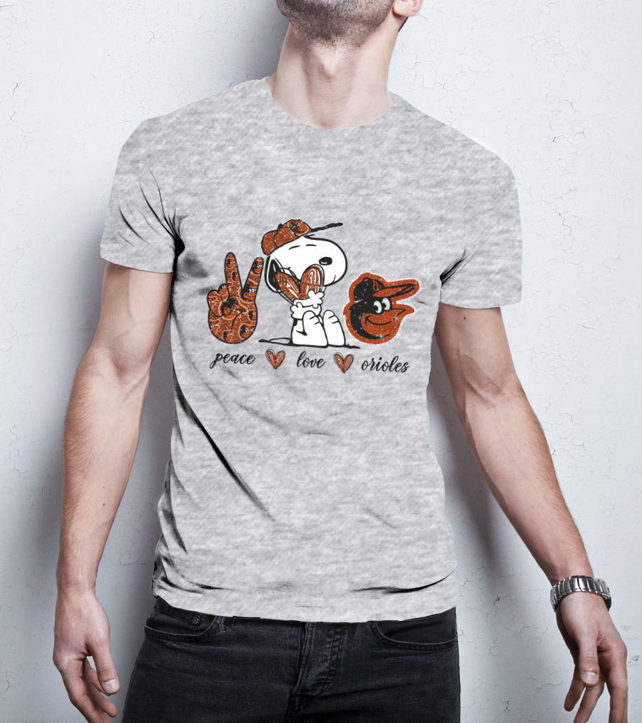 Peace Love Orioles Snoopy Style Baltimore Orioles T-Shirt