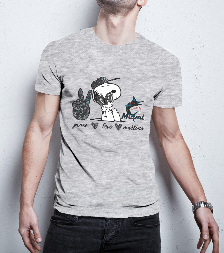 Peace Love Miami Marlins Snoopy Baseball Fan T-Shirt