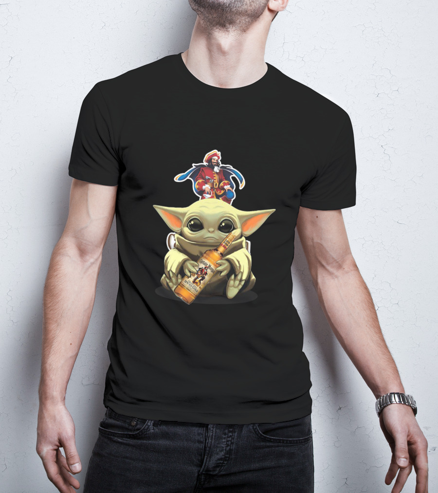 Baby Yoda Holding Captain Morgan Spiced Rum Bottle T-Shirt