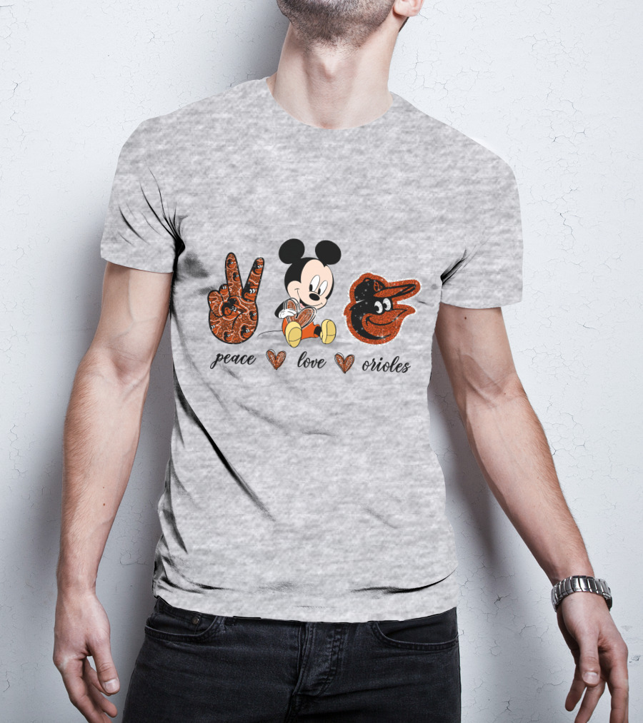 Mickey Mouse Peace Love Orioles Baseball Team T-Shirt