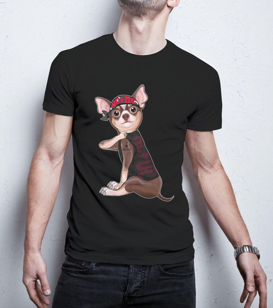 Chihuahua With I Love Ac/Dc Tattoo And Bandana T-Shirt