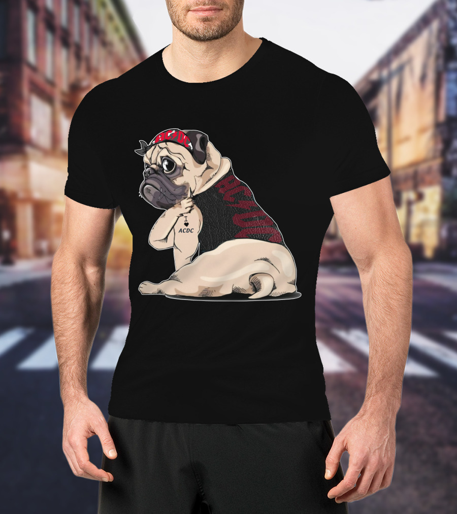 Ac/Dc Pug With I Love Ac/Dc Tattoo And Bandana T-Shirt