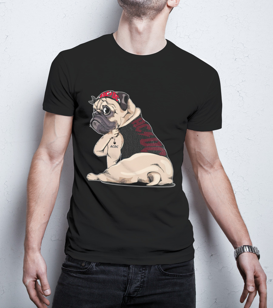 Ac/Dc Pug With I Love Ac/Dc Tattoo And Bandana T-Shirt