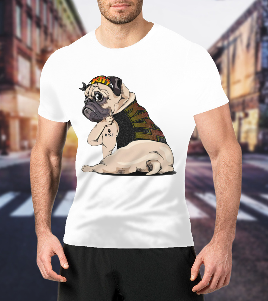 Kiss Bandana Pug With I Love Kiss Tattoo T-Shirt