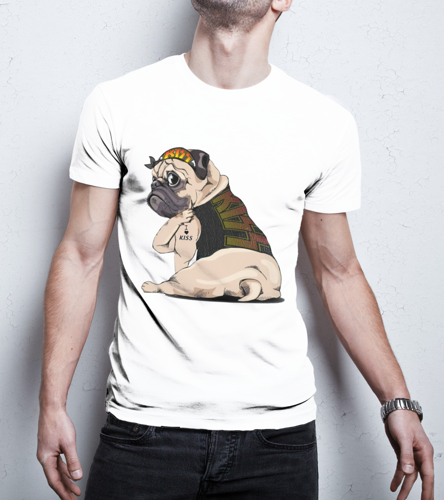Kiss Bandana Pug With I Love Kiss Tattoo T-Shirt