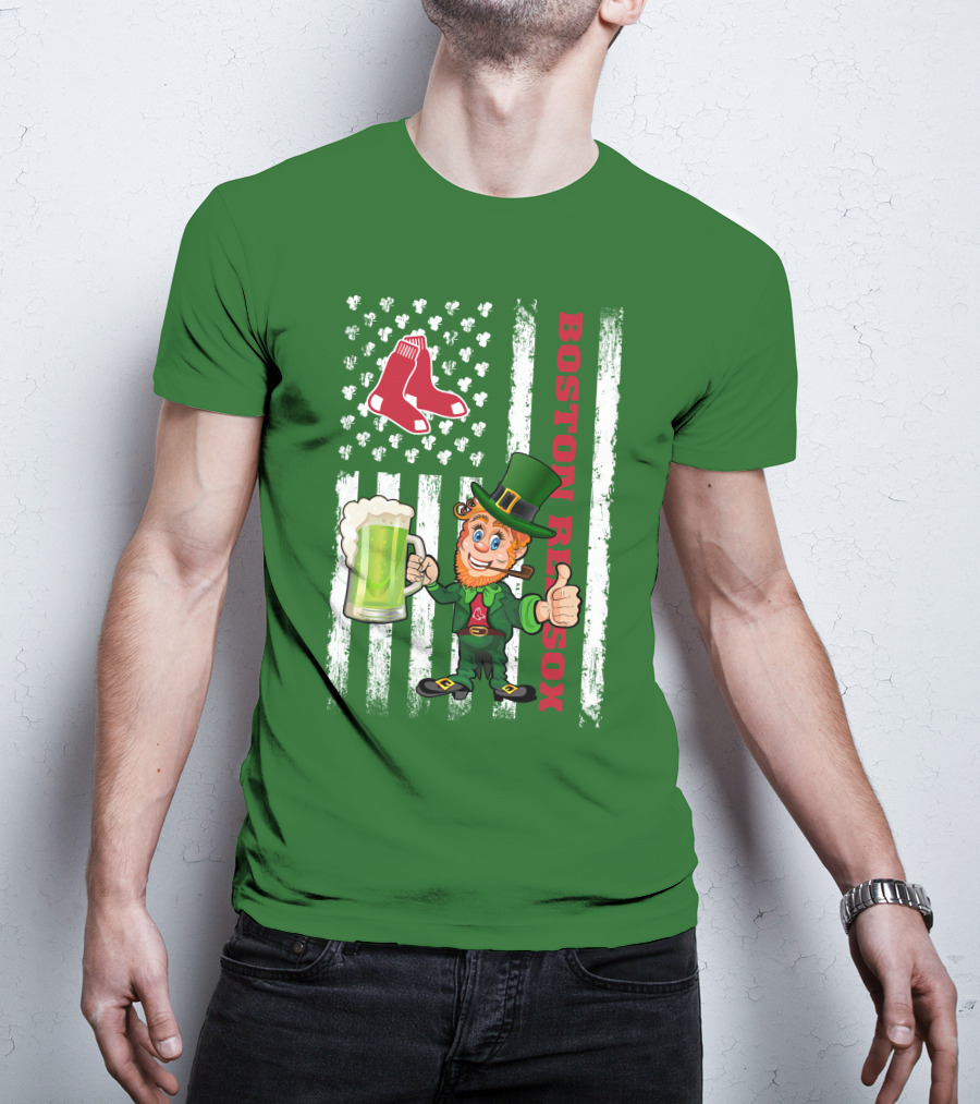 Boston Red Sox St Patrick's Day Leprechaun With Clover Flag And Beer Mug T-Shirt