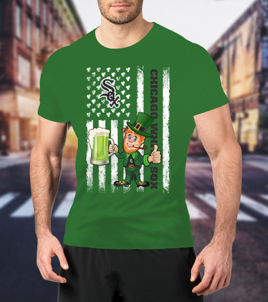 Chicago White Sox St Patrick's Day Leprechaun With Shamrock Beer And American Flag T-Shirt