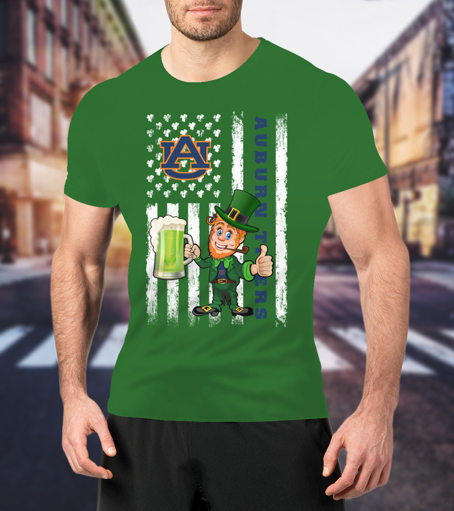 Auburn Tigers Leprechaun Holding Beer With Shamrocks St Patrick's Day T-Shirt
