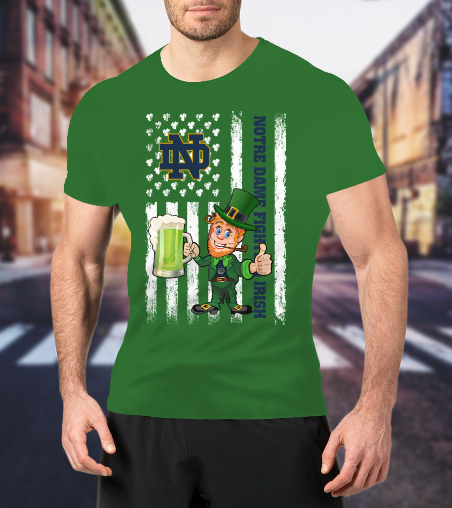 Notre Dame Fighting Irish Leprechaun With Beer And Shamrock Flag T-Shirt