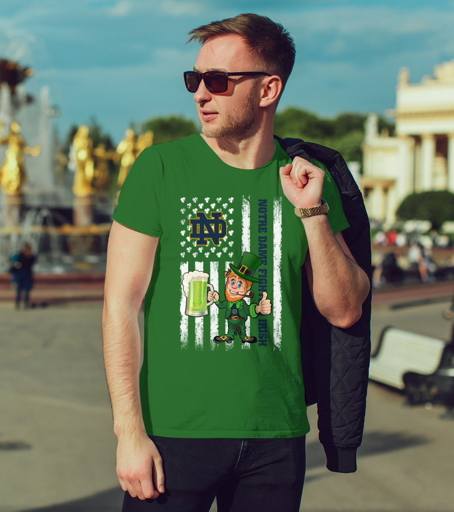 Notre Dame Fighting Irish Leprechaun With Beer And Shamrock Flag T-Shirt
