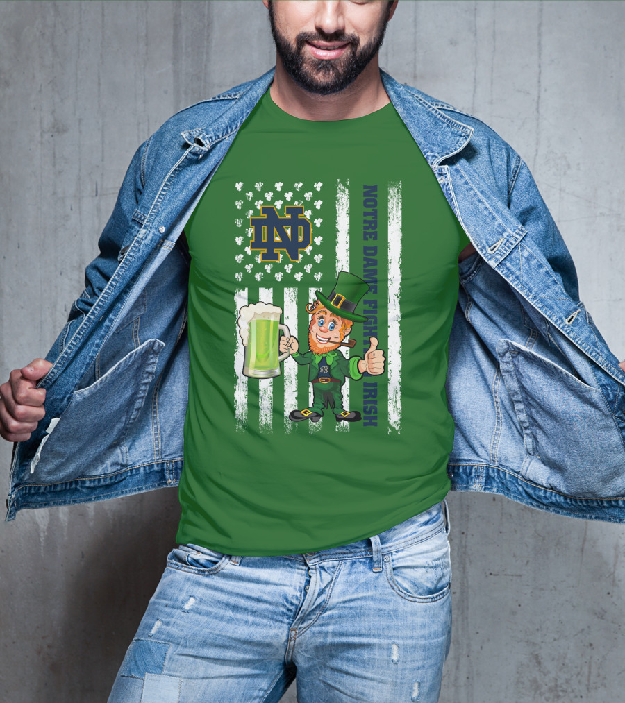 Notre Dame Fighting Irish Leprechaun With Beer And Shamrock Flag T-Shirt