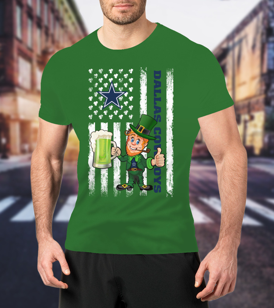 Dallas Cowboys St Patrick's Day Leprechaun Flag Beer Shamrocks Star T-Shirt