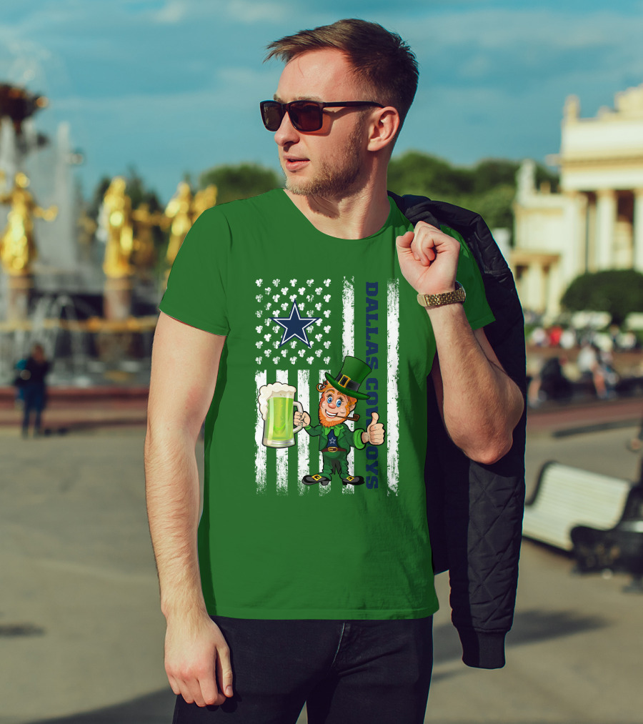 Dallas Cowboys St Patrick's Day Leprechaun Flag Beer Shamrocks Star T-Shirt