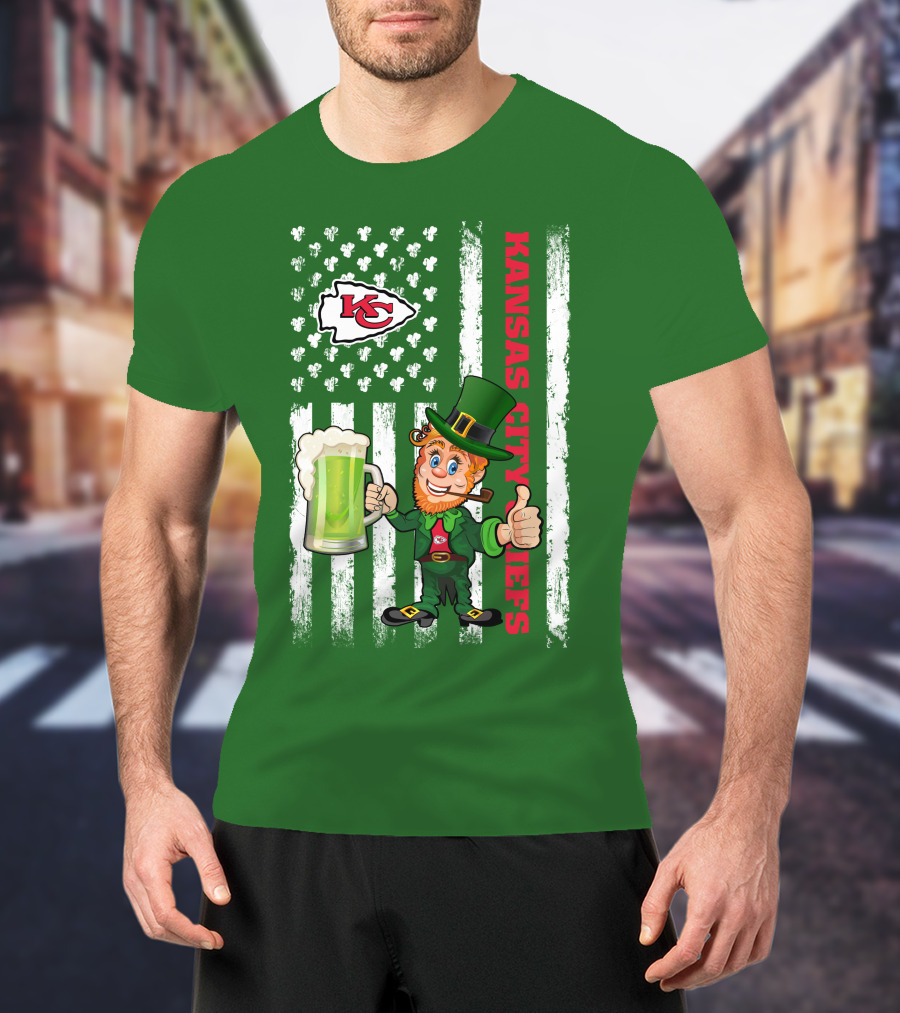 Kansas City Chiefs Leprechaun St Patrick's Day Shamrock Flag T-Shirt
