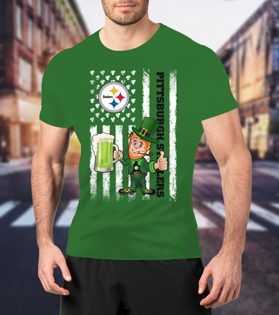 Pittsburgh Steelers Leprechaun St Patrick's Day Shamrock Beer Flag T-Shirt