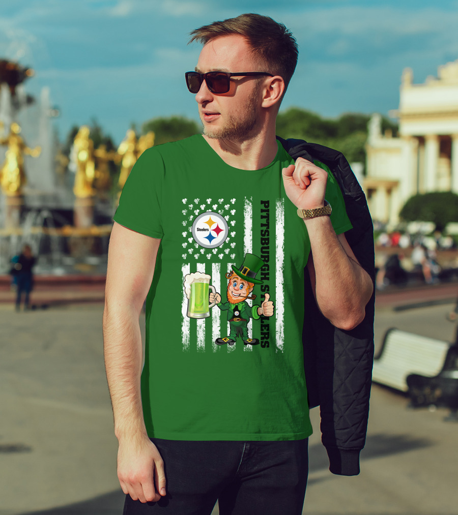 Pittsburgh Steelers Leprechaun St Patrick's Day Shamrock Beer Flag T-Shirt