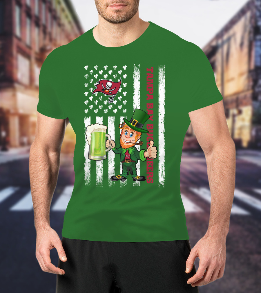 Tampa Bay Buccaneers St Patrick's Day Leprechaun Flag With Shamrocks And Green Beer T-Shirt
