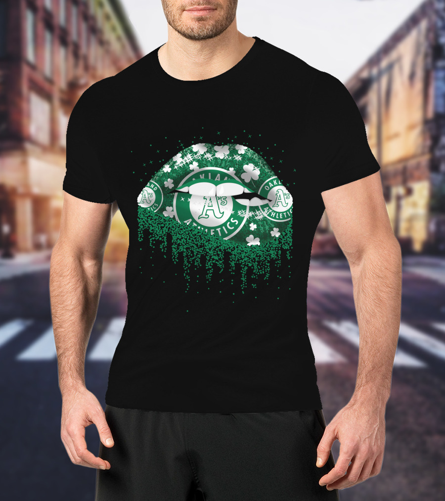 Oakland Athletics A's Logo With Shamrocks And Glitter Lips T-Shirt