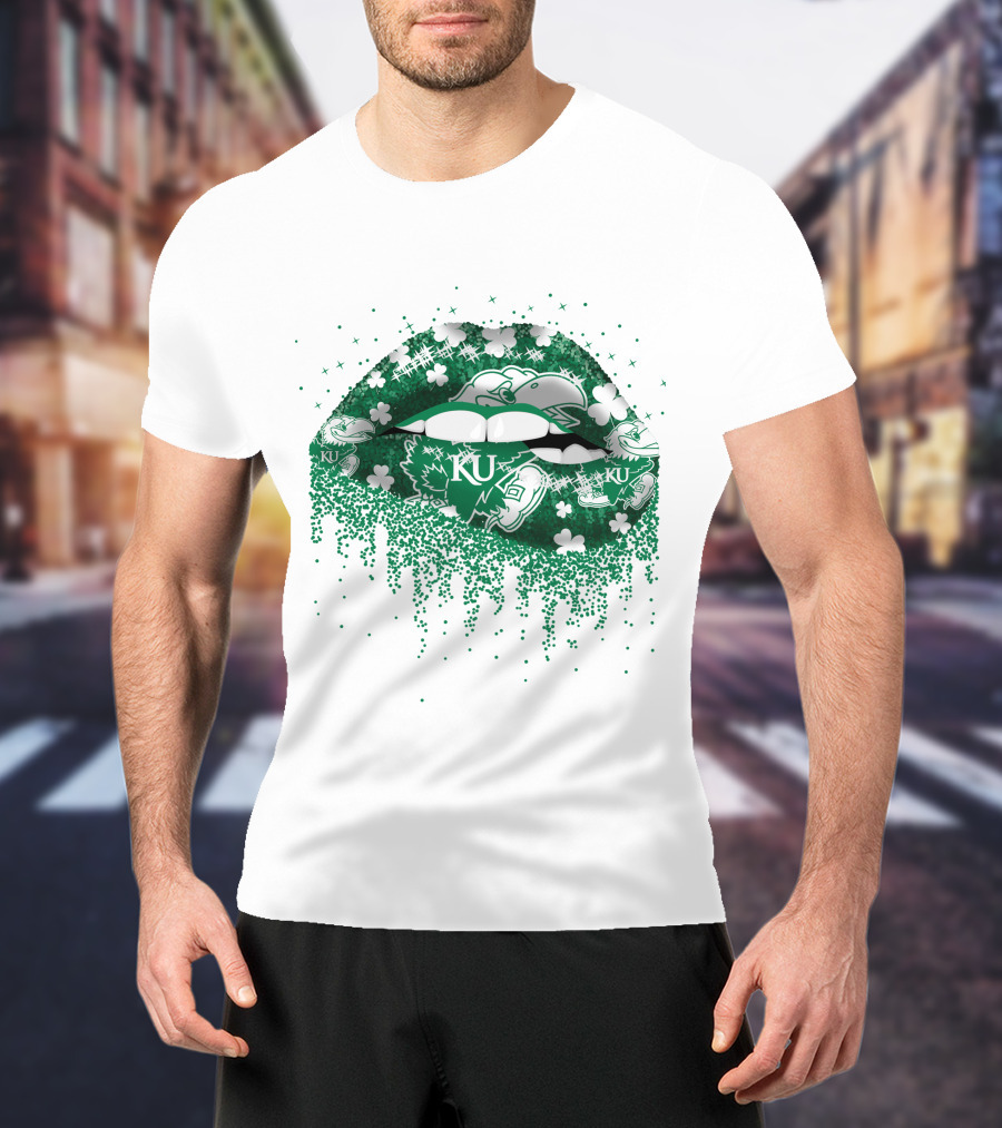 Kansas Jayhawks Lips Green Shamrock KU T-Shirt