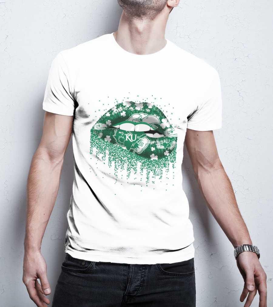 Kansas Jayhawks Lips Green Shamrock KU T-Shirt