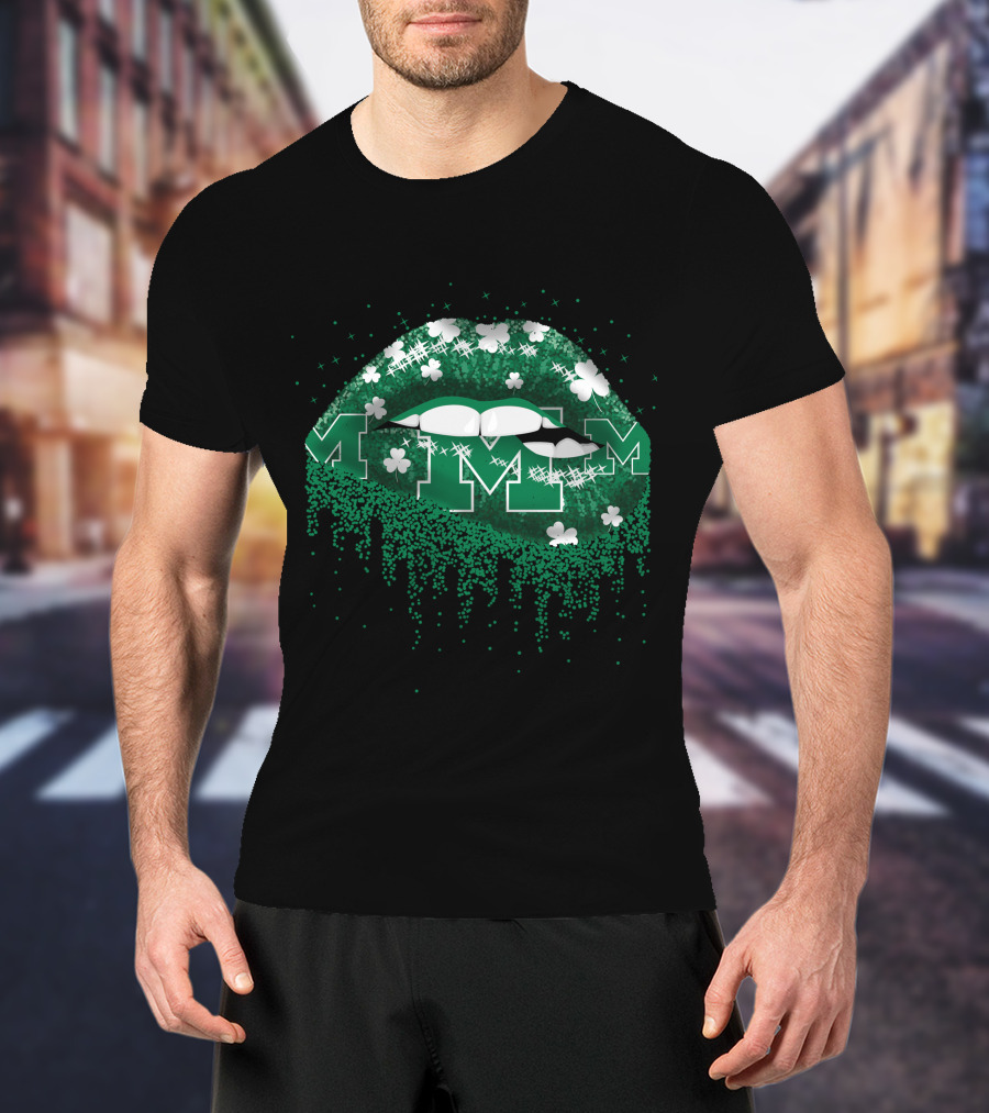 Michigan Wolverines Lips Glitter Shamrock M Drip T-Shirt