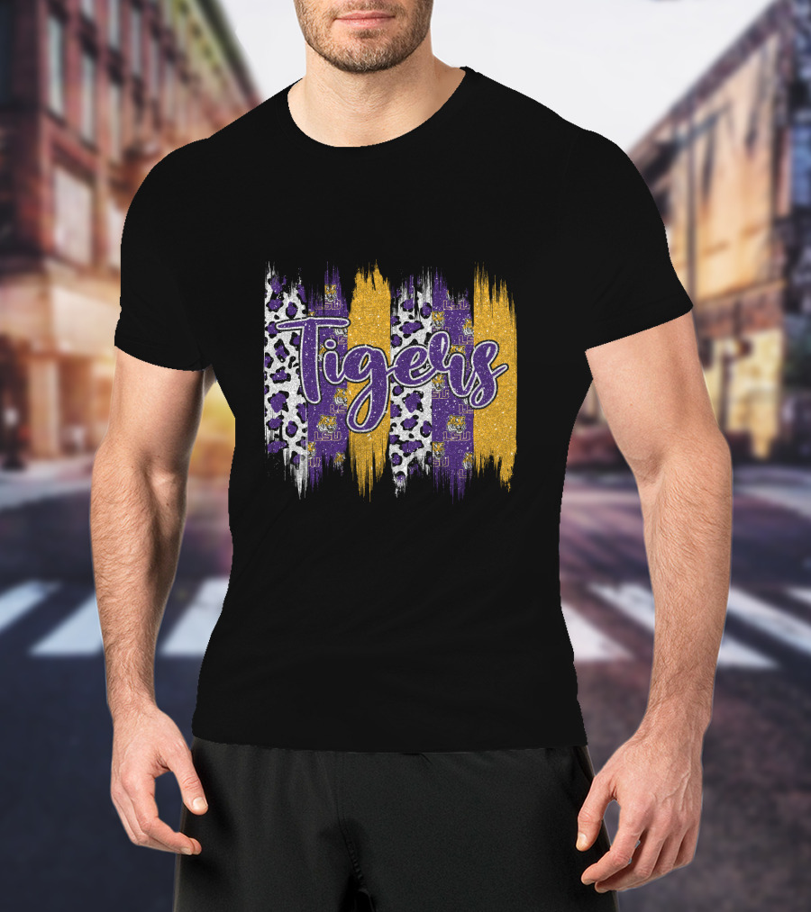 Tigers LSU Purple Gold Leopard Brushstroke T-Shirt