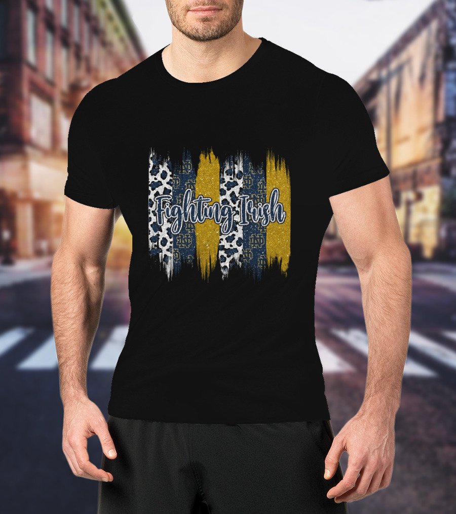 Notre Dame Fighting Irish Brushstroke Blue Gold Leopard Print T-Shirt