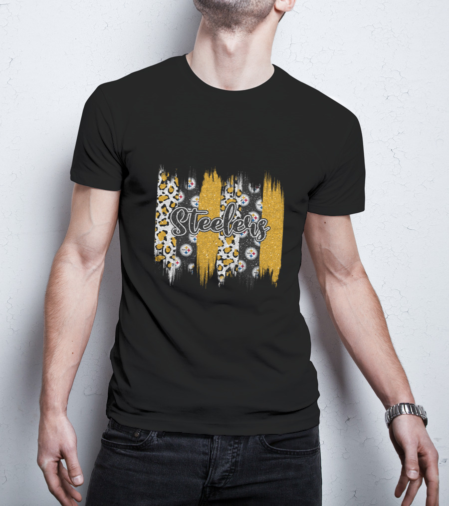 Steelers Leopard Glitter Stripes Brushstroke T-Shirt