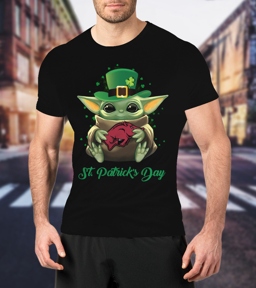 St Patrick's Day Arkansas Razorbacks Baby Yoda T-Shirt