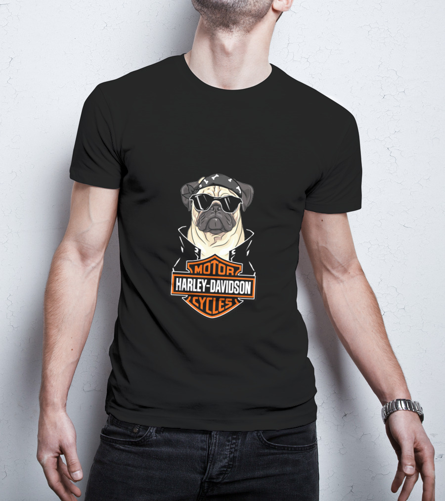Pug In Harley Davidson Motorcycles Logo With Bandana And Sunglasses T-Shirt