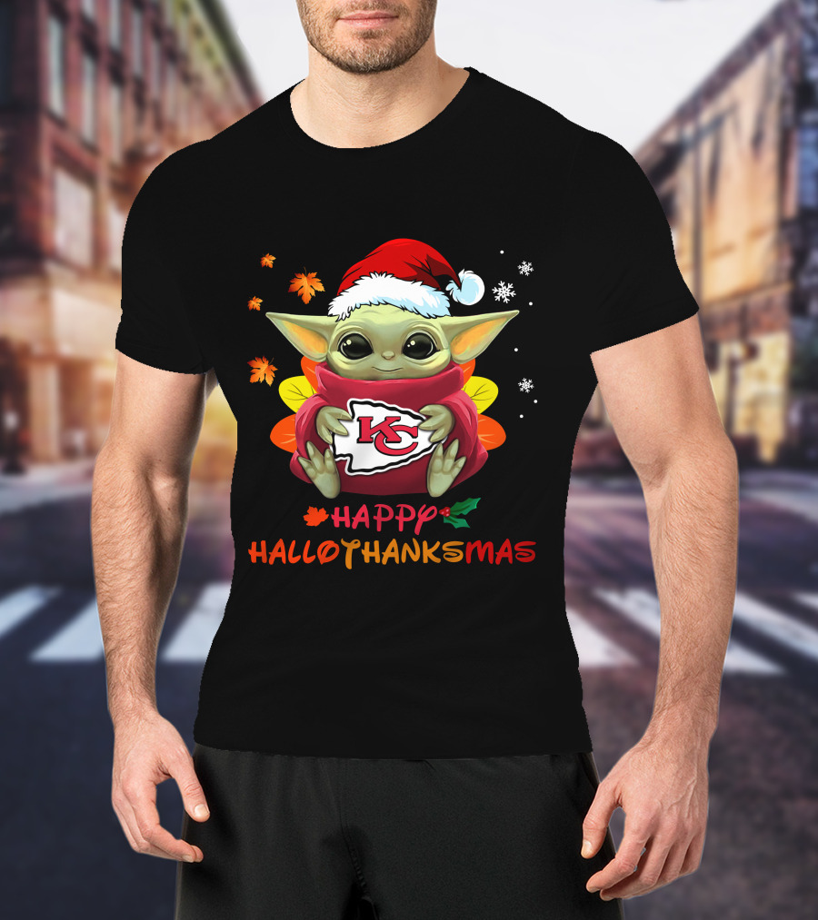 Kansas City Chiefs Baby Yoda Happy Hallothanksmas T-Shirt