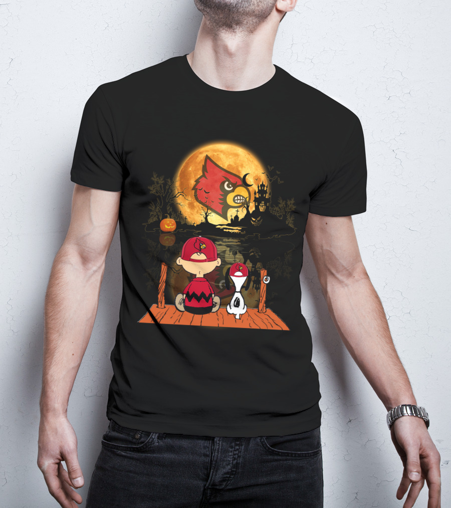 Louisville Cardinals Halloween Moon Scene With Characters And Haunted House T-Shirt