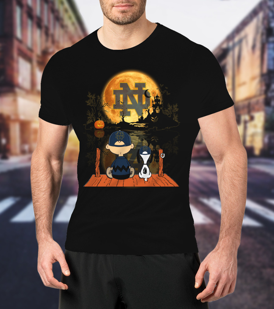 Notre Dame Fighting Irish Halloween Moonlit Scene With Peanuts Characters T-Shirt