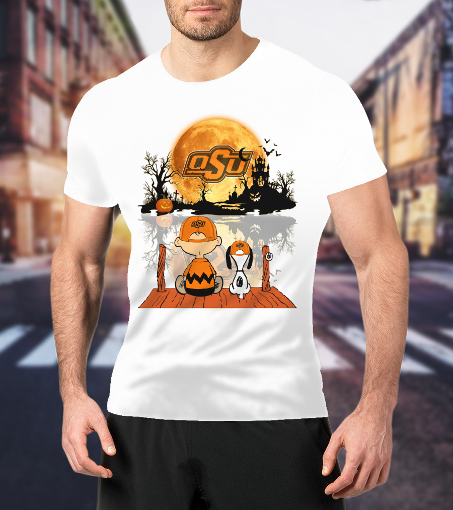 Oklahoma State Cowboys Halloween OSU Moon Charlie And Snoopy T-Shirt