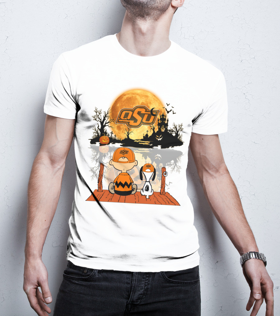 Oklahoma State Cowboys Halloween OSU Moon Charlie And Snoopy T-Shirt