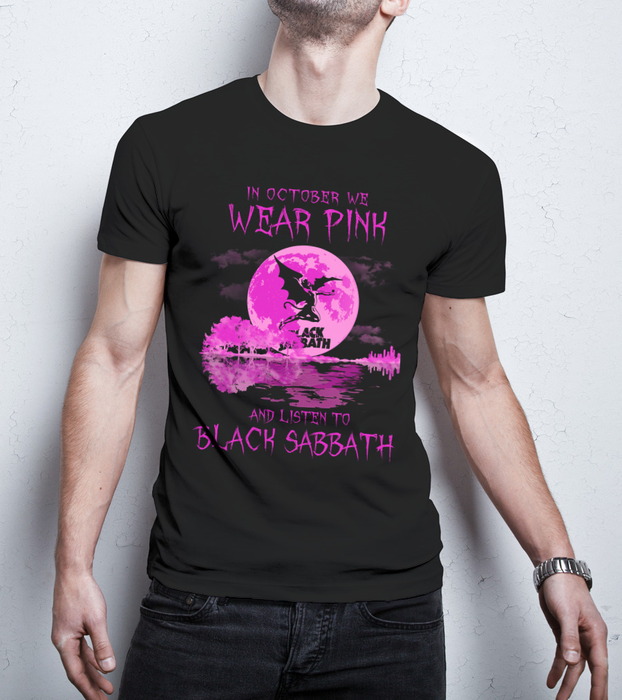In October We Wear Pink With Black Sabbath Bat Silhouette And Pink Moon Reflection T-Shirt