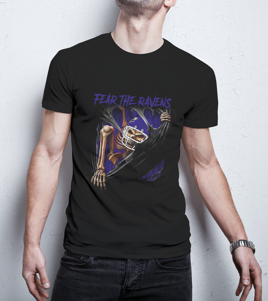 Fear The Ravens Baltimore NFL Skeleton Ravens Helmet Tear T-Shirt