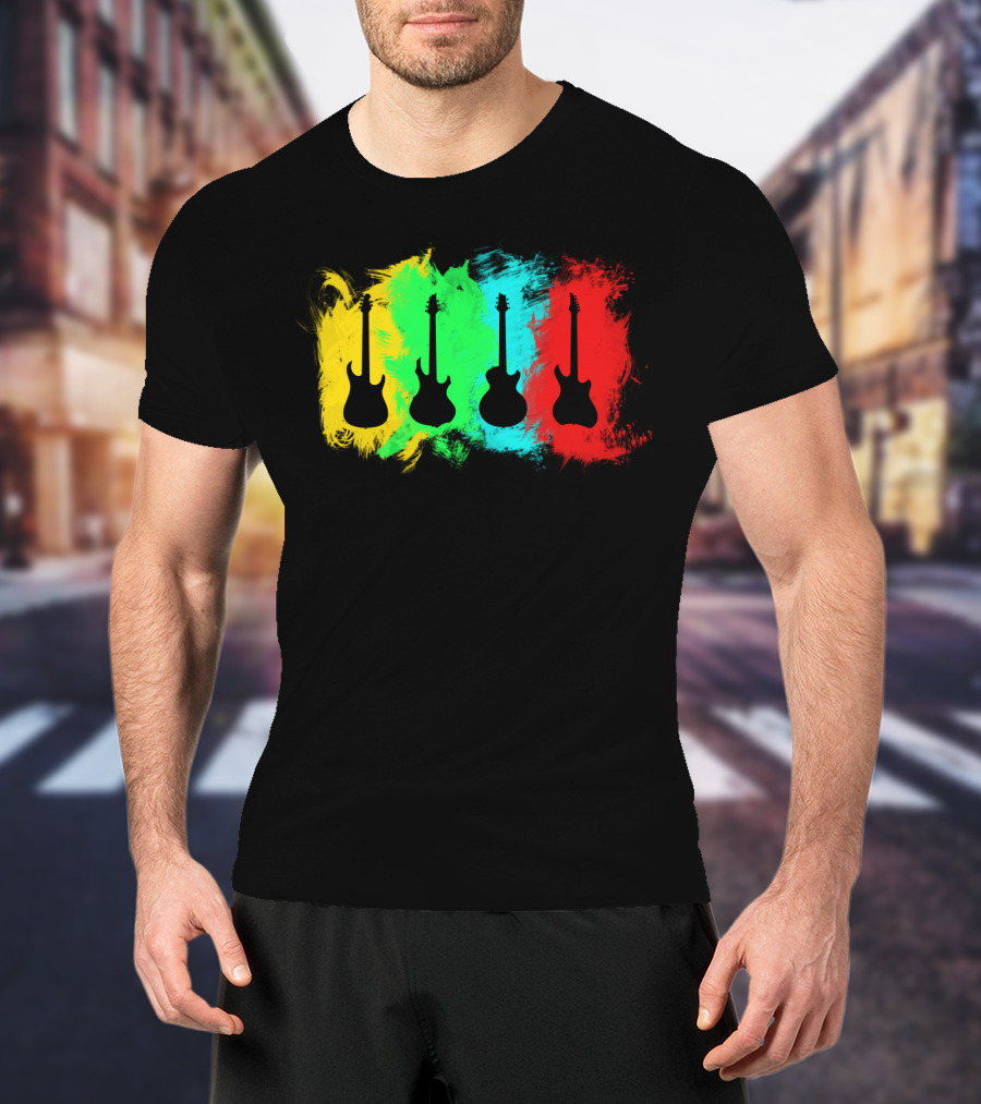 Colored Guitars Electric Acoustic Silhouette Yellow Green Blue Red T-Shirt