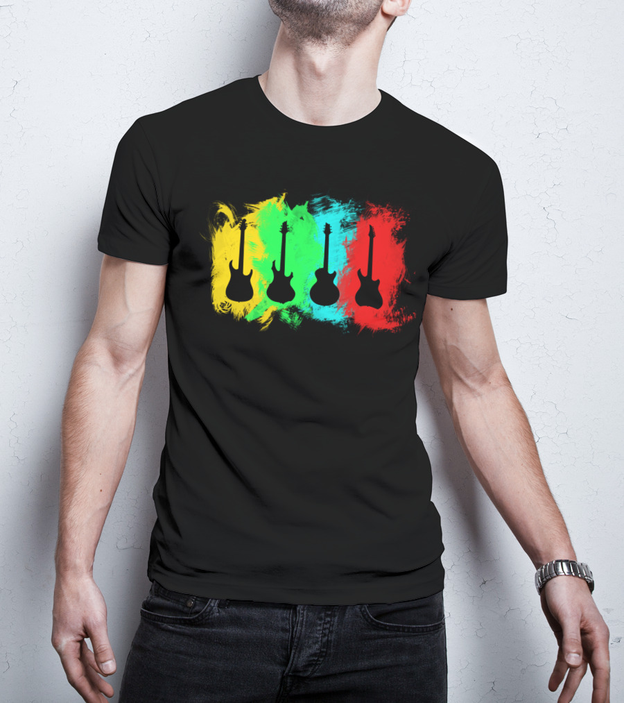 Colored Guitars Electric Acoustic Silhouette Yellow Green Blue Red T-Shirt