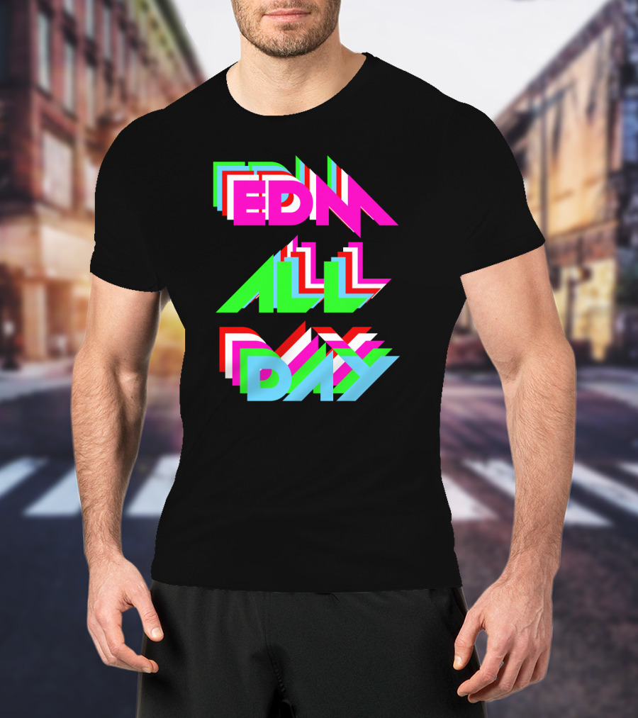 EDM All Day Cool Neon Anaglyph Style Rave Black Ink T-Shirt