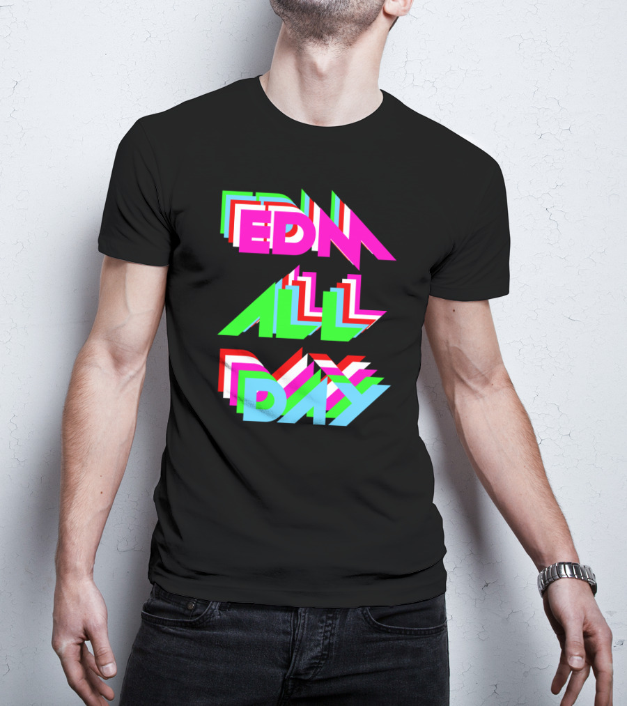 EDM All Day Cool Neon Anaglyph Style Rave Black Ink T-Shirt