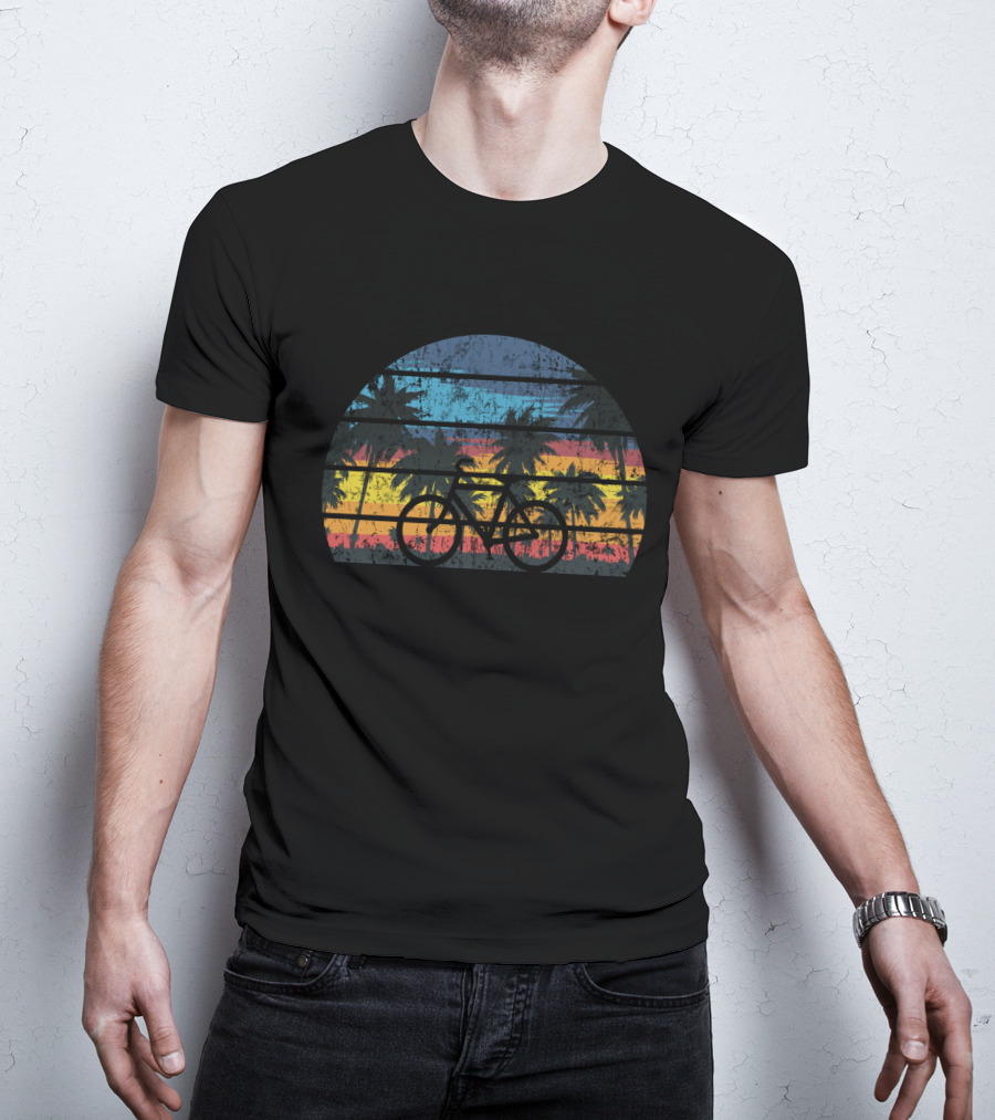 Bicycle Cycling Vintage Bike Rider Palm Trees Sunset Stripes T-Shirt